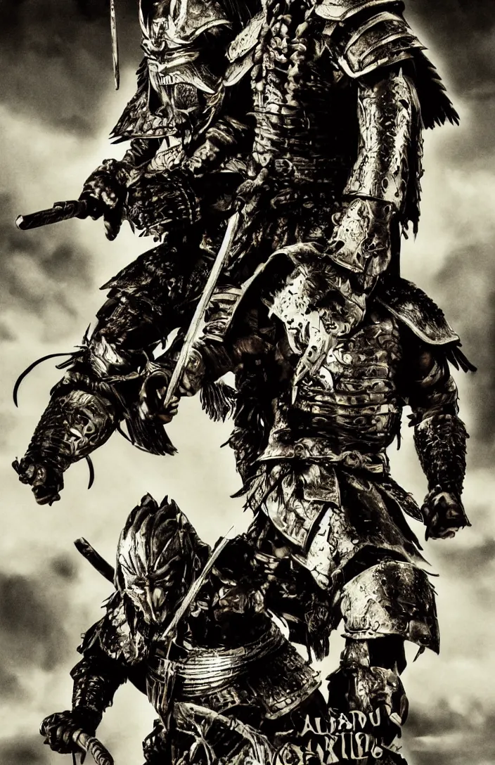 Image similar to movie film poster art for samurai vs predator film shot in feudal japan staring hiroyuki sanada. in the style of ansel adams, frank frazzetta, warcraft