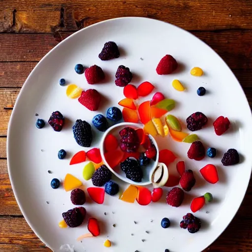 Prompt: beautiful photo of a rowing boat made from fruit pieces on a white plate, dslr