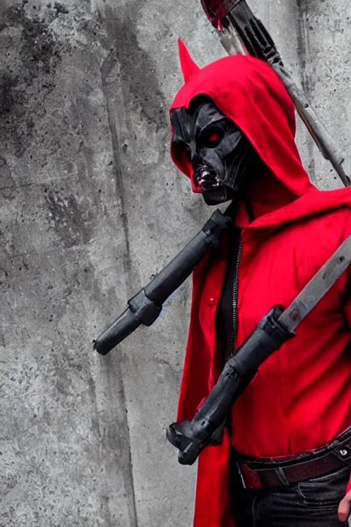 Prompt: red hood cosplay, creepy, disturbing, bloody, darkness, grainy