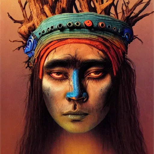 Image similar to A young blindfolded shaman woman with a decorated headband from which blood flows, blue hair and wood on her head. The background is a forest on fire, made by Esao Andrews and Karol Bak and Zdzislaw Beksinski