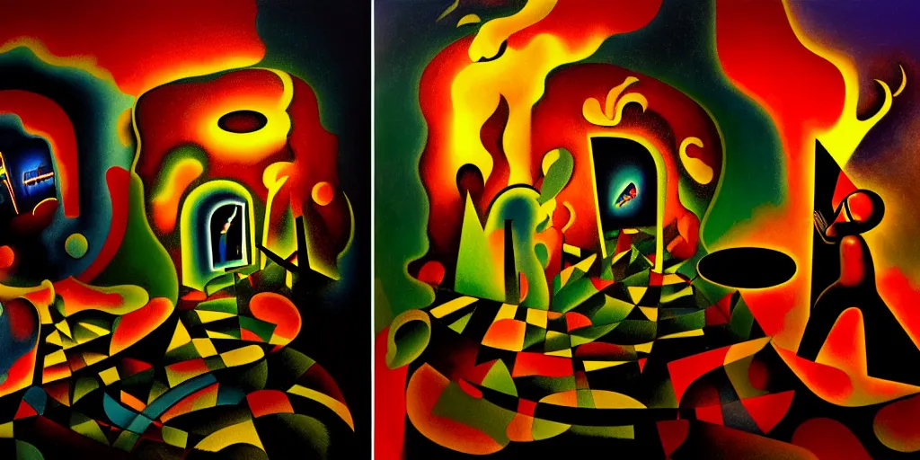 Image similar to trapped on a hedonic treadmill, dark uncanny surreal painting by ronny khalil, and kandinsky, dramatic lighting from fire glow, mouth of hell, ixions wheel