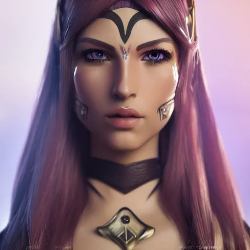 Image similar to portrait of a beautiful female high elf with tan skin, magenta eyes, dark hair. 3 d octane render trending on art station 8 k