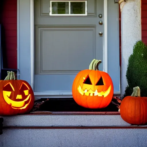 Prompt: movie still of a jack o lantern on the front porch of a house in the woods