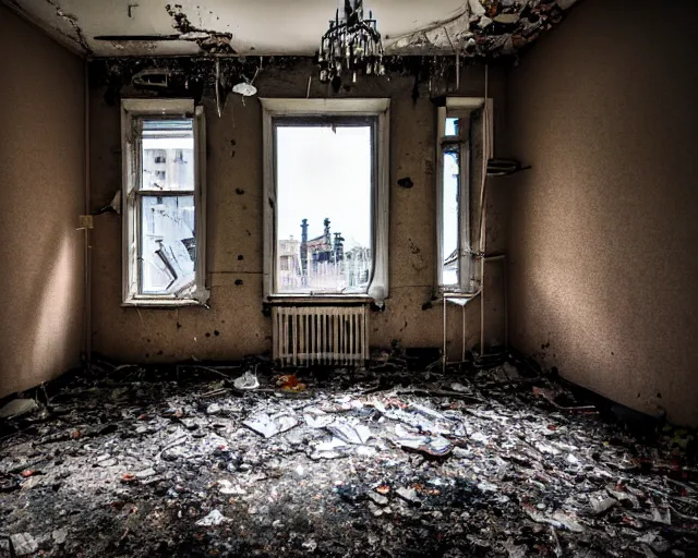 Image similar to Award winning photo of a living room of a flat abandoned a month ago, urban exploring, 4k, high quality