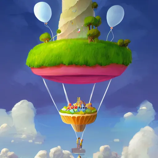 Image similar to a giant floating cake suspended to plenty of floating birthday balloons. beautiful landscape. digital art, highly - detailed, artstation cgsociety masterpiece