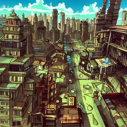 Image similar to gravity rush art style city concept art