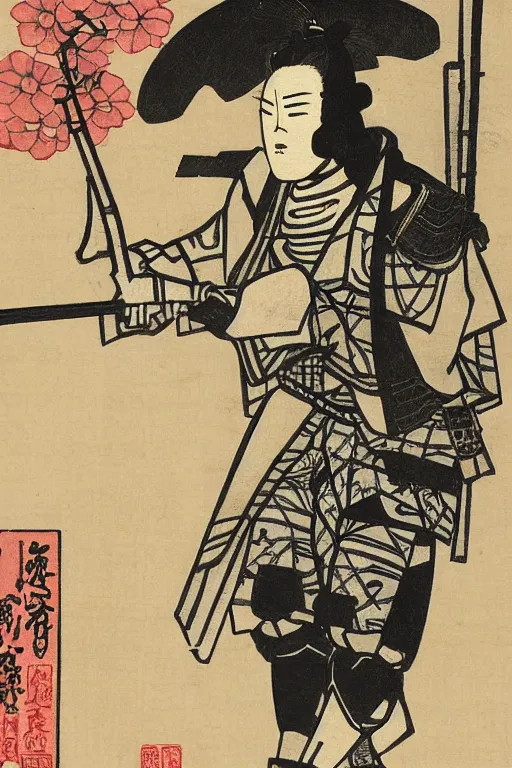 Prompt: Japanese woodblock print of a Stormtrooper holding nunchucks holding a samurai sword , cherry blossom, Hokusai