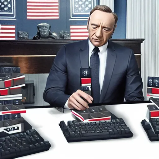 Prompt: house of cards but the cards are gaming keyboards, surreal