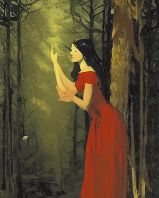 Image similar to a baroque painting of a girl wearing red lost in the dark woods, a terrifying wolf is watching her, 1 9 7 0 s, seventies, wallpaper, delicate embellishments, painterly, offset printing technique, by brom, robert henri, walter popp