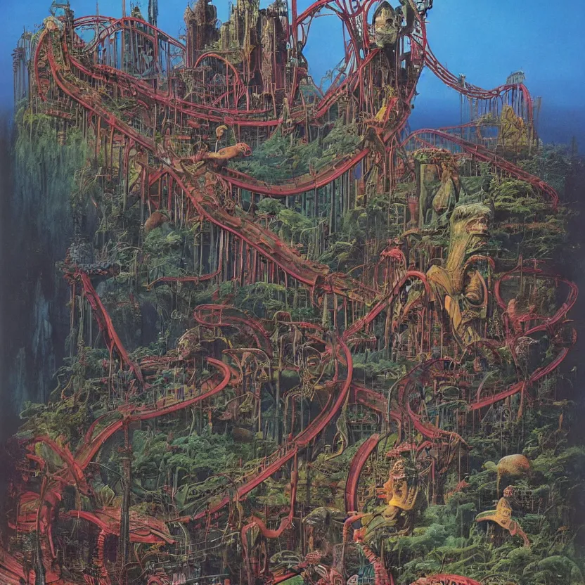 Prompt: a theme park with rollercoasters, rides and attractions, by richard corben, bruce pennington, and zdzisław beksinski. goosebumps cover art. pulp horror art.