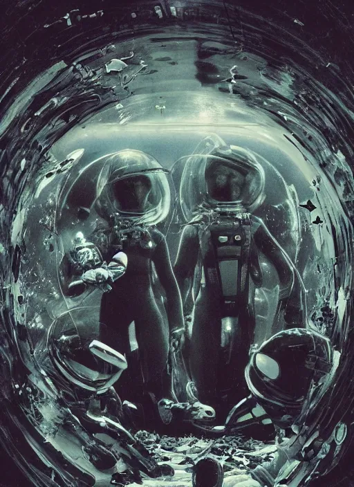 Image similar to astronauts in dark and empty void underwater - complex and hyperdetailed technical suit. reflection and dispersion materials. rays and dispersion of light. volumetric light. 5 0 mm, f / 3 2. noise film photo. flash photography. ultra realistic, wide angle. poster by wayne barlowe, hajime sorayama aaron horkey, craig mullins