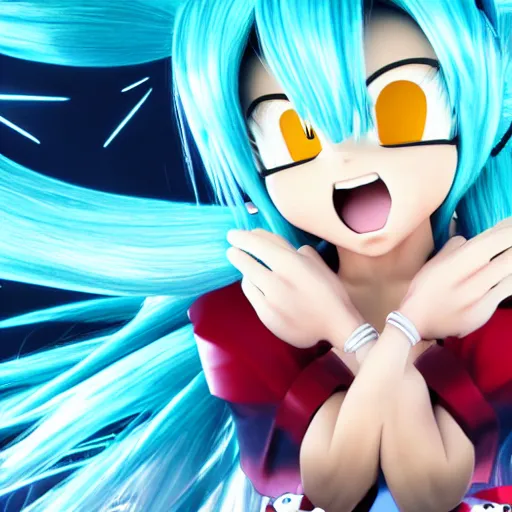 Prompt: super saiyan hatsune miku, high resolution photo