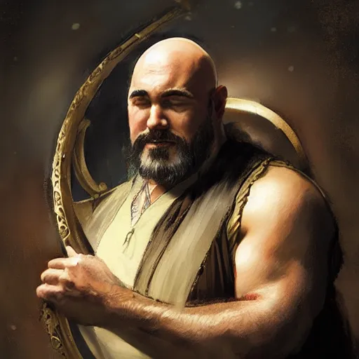 Image similar to well - groomed burly bard, thick goatee, bald, thoughtful expression, holding a gong, fantasy character portrait by greg rutkowski, gaston bussiere, craig mullins