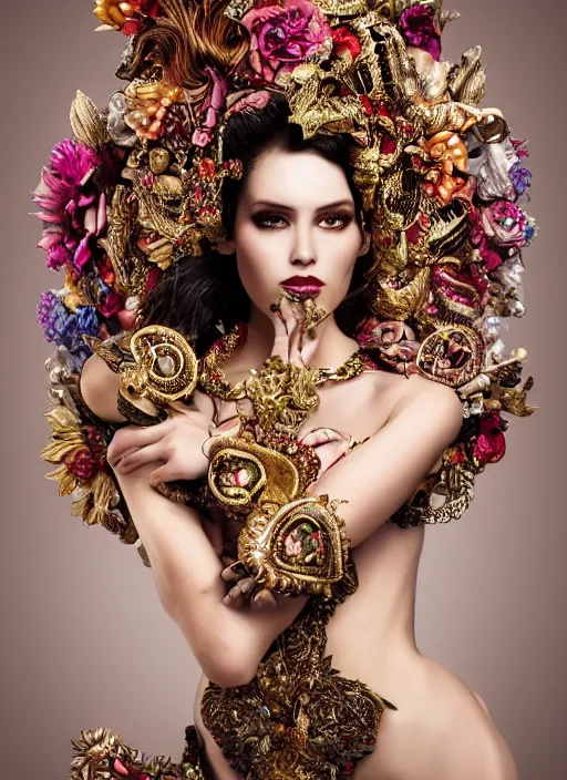 Image similar to expressive full body photo of a female model, ornate headpiece made from flowers, ornaments, glamour shot, by karol bak, by stefan gesell, photorealistic, canon r 3, fashion photography, hyper maximalist, elegant, ornate, luxury, elite, environmental portrait, symmetrical features, octane render, unreal engine