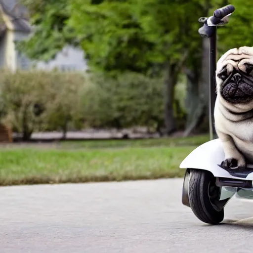 Prompt: a morbidly obese pug riding a motorized shopping cart mobility scooter, high resolution photo