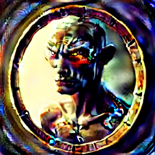 Prompt: stunning painting of wise man looks at mirror and see himself as an alien by concept art, character art, sci - fi, masterpiece, ultra detailed face and eyes, weird objects, cinematic, sharp focus, centered, 8 k hd resolution