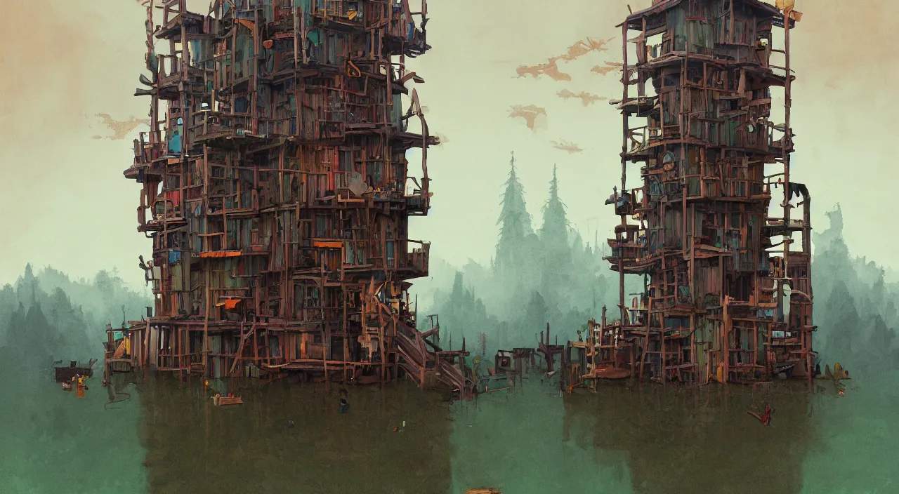 Prompt: single flooded simple wooden tower, very coherent and colorful high contrast ultradetailed photorealistic masterpiece by norman rockwell simon stalenhag james gilleard, dark shadows, sunny day, hard lighting