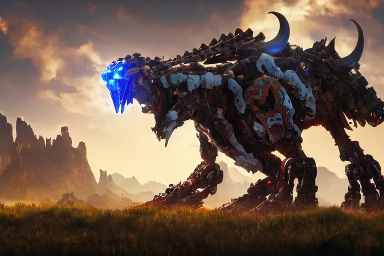 Image similar to grimhorn fanghorn machine mecha animal beast robot of horizon forbidden west horizon zero dawn bioluminiscence global illumination ray tracing hdr fanart arstation by sung choi and eric pfeiffer and gabriel garza and casper konefal