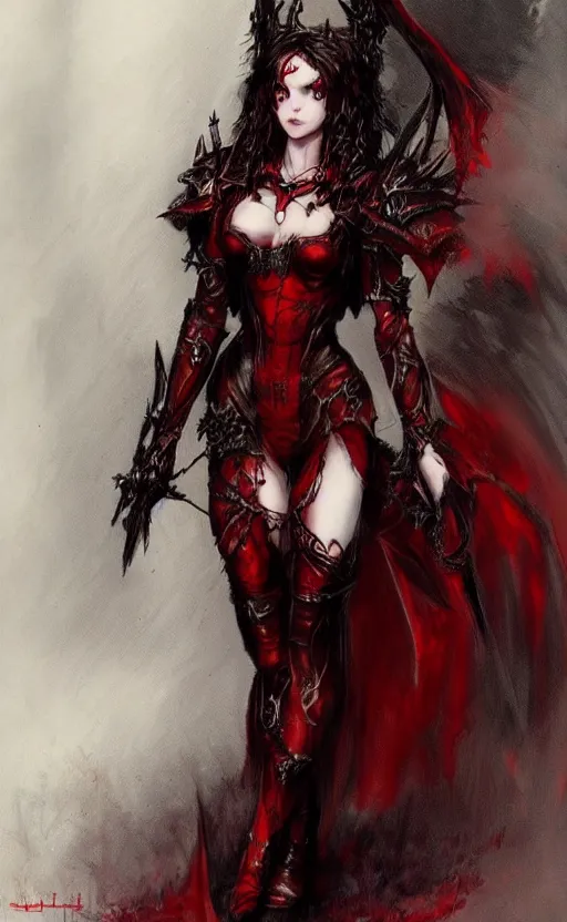 Image similar to Concept art Gothic princess in dark and red dragon armor. By Joseph Mallord William Turner, Luis Royo, artstation trending, highly detailded