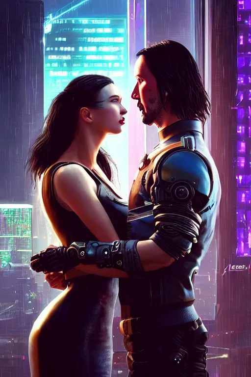 Image similar to a cyberpunk 2077 couple portrait of Keanu Reeves & female android final kiss in the night city,love,art by John Collier & Lawrence Alma-Tadema & Artem Demura & Dan Mumford ,John Wick,Replicas,artstation,deviantart,FAN ART,Digital painting,face enhance,highly detailed,8K,octane,golden ratio,cinematic lighting