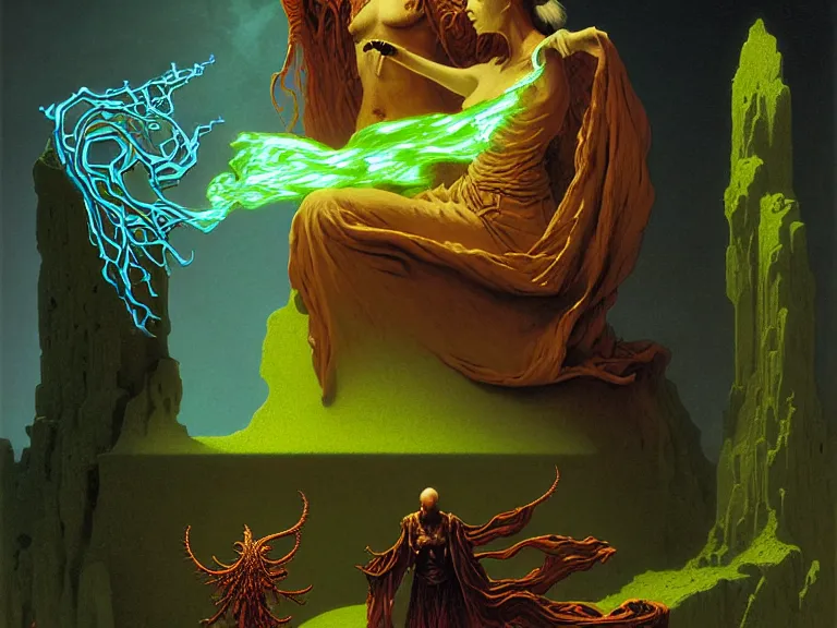 Image similar to the female arcanist and the male artificer by zacharias aagaard and albert bierstadt and gerald brom and zdzisław beksinski and james gilleard and wayne barlowe and marc simonetti, highly detailed, hyperrealistic, intricate, floating metallic objects, energy, electricity, blue flames, low light, glowing green crystals, high contrast
