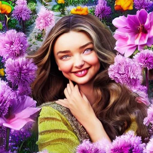 Image similar to a disney cartoon illustration of miranda kerr as sleeping beauty, dynamic lighting, 4 k hdr, hyper realistic, pretty face, in a forest flower garden, smiling