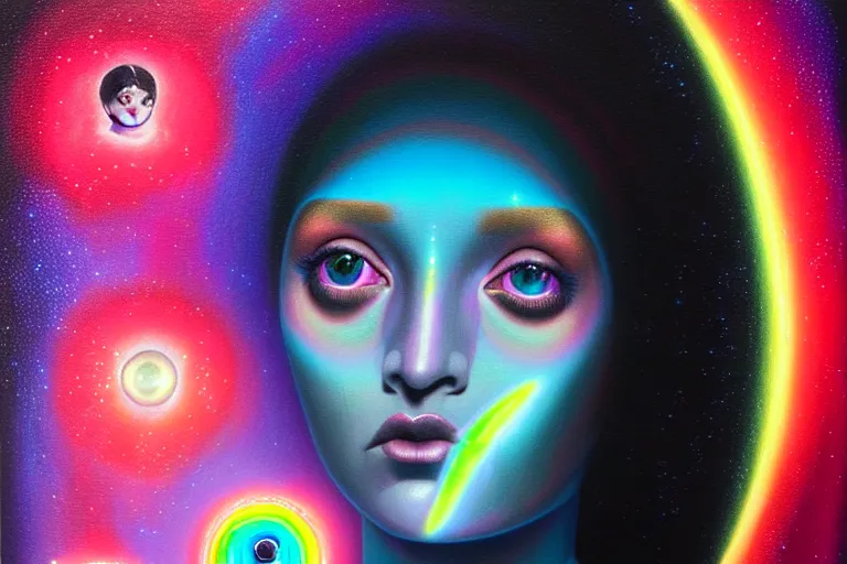 Image similar to patron saint of 🛸🌈👩🏾, futuristic iridescent clothing, wormhole, nebula, black hole, multiverse, neon god of city character portrait, in the style of margaret keane, moebius, tom bagshaw, and waterhouse, cinematic lighting, beautiful, elegant, oil painting,