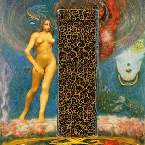 Image similar to extraterrestrial divine godly witch's garden square leopard tequila ophanim entree, by arnold bocklin and guido borelli da caluso and h. p. lovecraft, tarot card, quantum wavetracing, postmodern