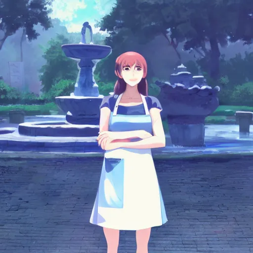 Image similar to a full body portrait of a young woman wearing a white apron standing in front of a fountain in a park, makoto shinkai, james gilleard, very detailed, matte, gaussian blur, tone mapped William-Adolphe, trending on artstation