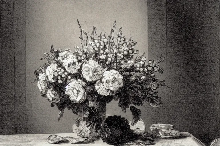 Image similar to black and white, flower bouquet at table in the dinner room, soft light, Gustave Dore lithography