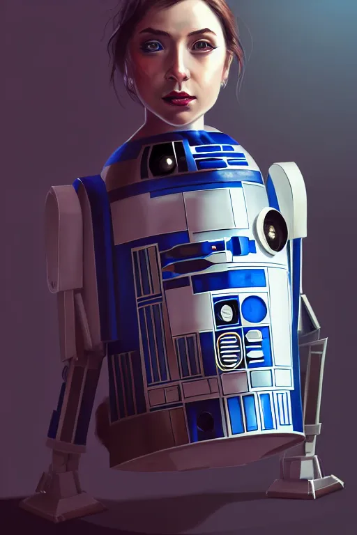 Image similar to a portrait of random girl as r 2 d 2 droid, humanization, humanized, grim - lighting, high - contrast, intricate, elegant, highly detailed, digital painting, artstation, concept art, smooth, sharp focus, illustration