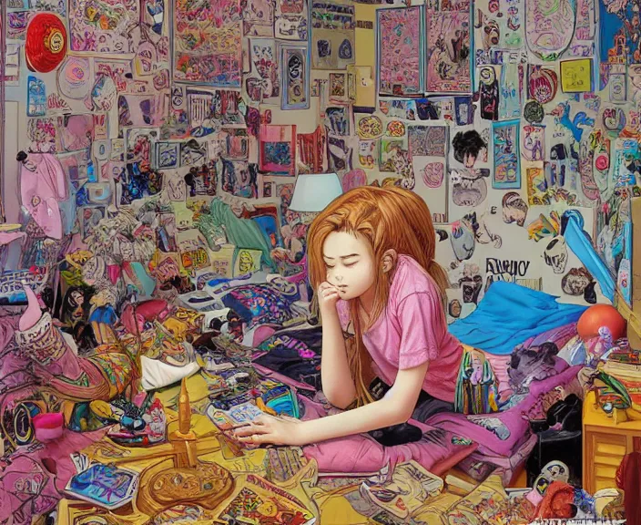 Image similar to highly detailed colorful illustration of a teenager in her room in the 9 0's, very detailed, clean shaped illustration by kim jung gi, ron english and eiichiro oda