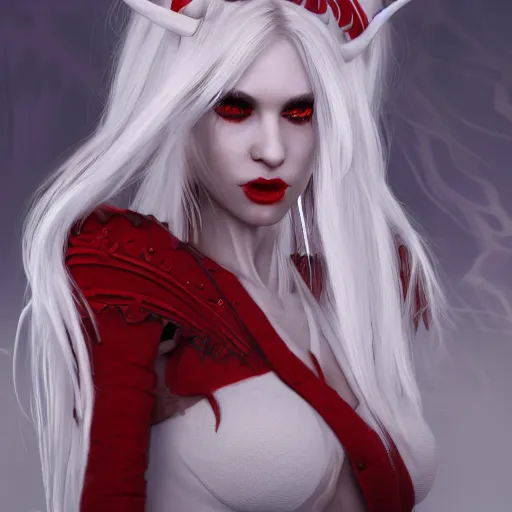 Prompt: a highly detailed portrait of a humanoid demon girl with white hair, red horns, in white clothes, artstation, deviantart, professional, unreal engine 5, photorealistic