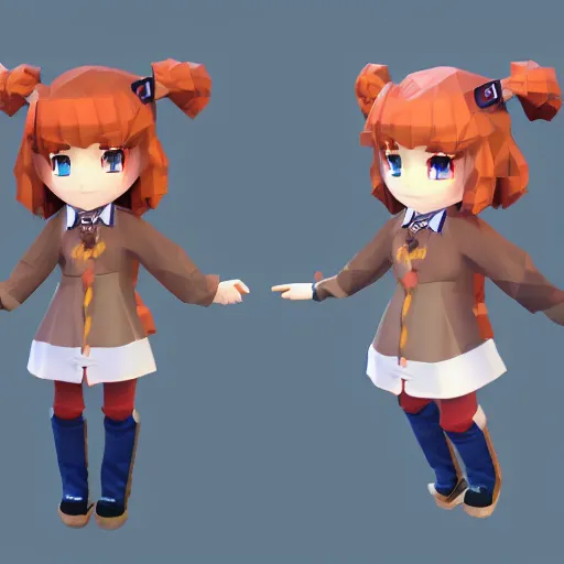 Image similar to ultra low poly modelling, clean shapes, isometric view, 1 6 bit colors, from touhou, a chibi girl, brown jacket with long sleeves, pigtails hair, volumetric lighting, fantasy, 4 k, intricate, hyper realistic, by blizzard, warcraft 3, backlit