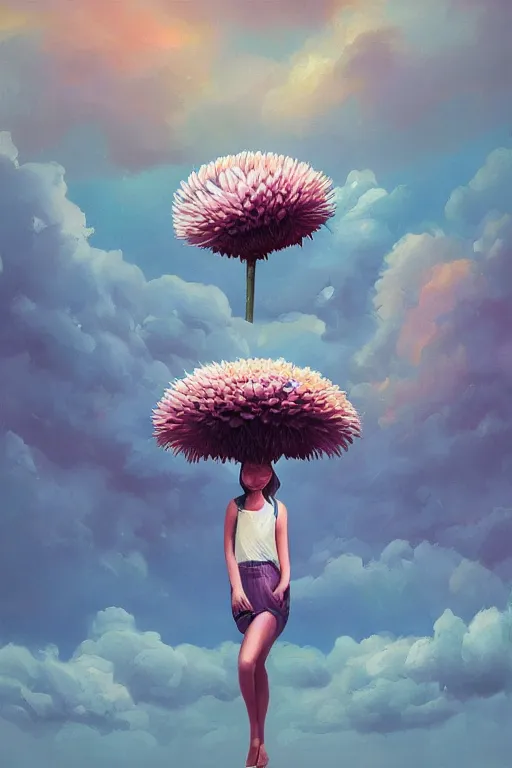 Prompt: closeup, giant daisy flower as the head, girl between monsteras, surreal photography, wind and cold, dramatic sky, impressionist painting, digital painting, artstation, simon stalenhag