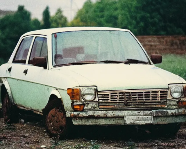 Image similar to a lomographic photo of old lada 2 1 0 7 standing in typical soviet yard in small town, hrushevka on background, cinestill, bokeh