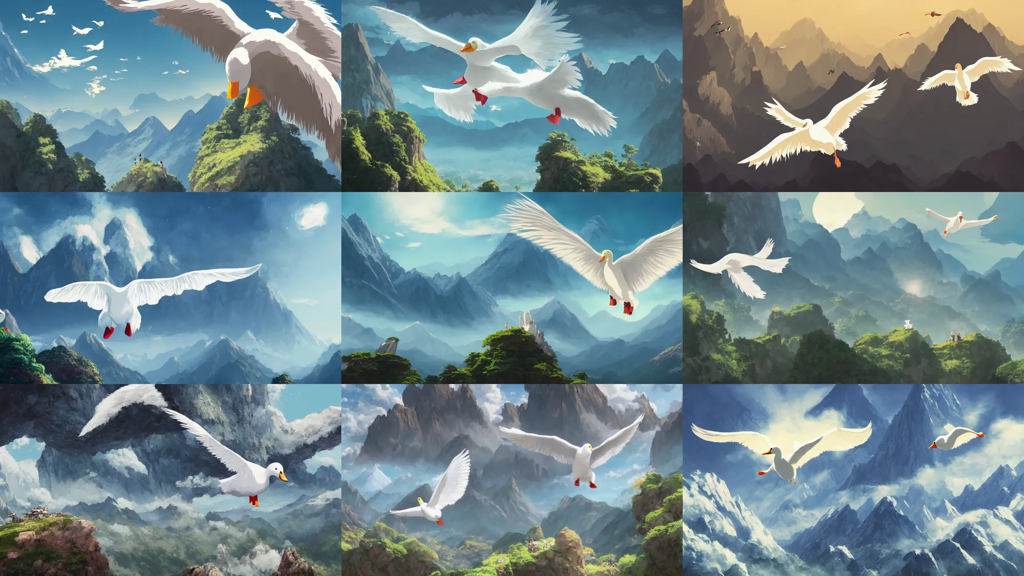 Prompt: Crowd surrounds giant white duck flying over mountains, huge feathery wings, mountain landscape, Himalayas, cozy wallpaper, 4k, high details, volumetric dynamic lighting, motion blur, blur, trending on Artstation, award-winning, art by Studio Ghibli, by Chris Moore