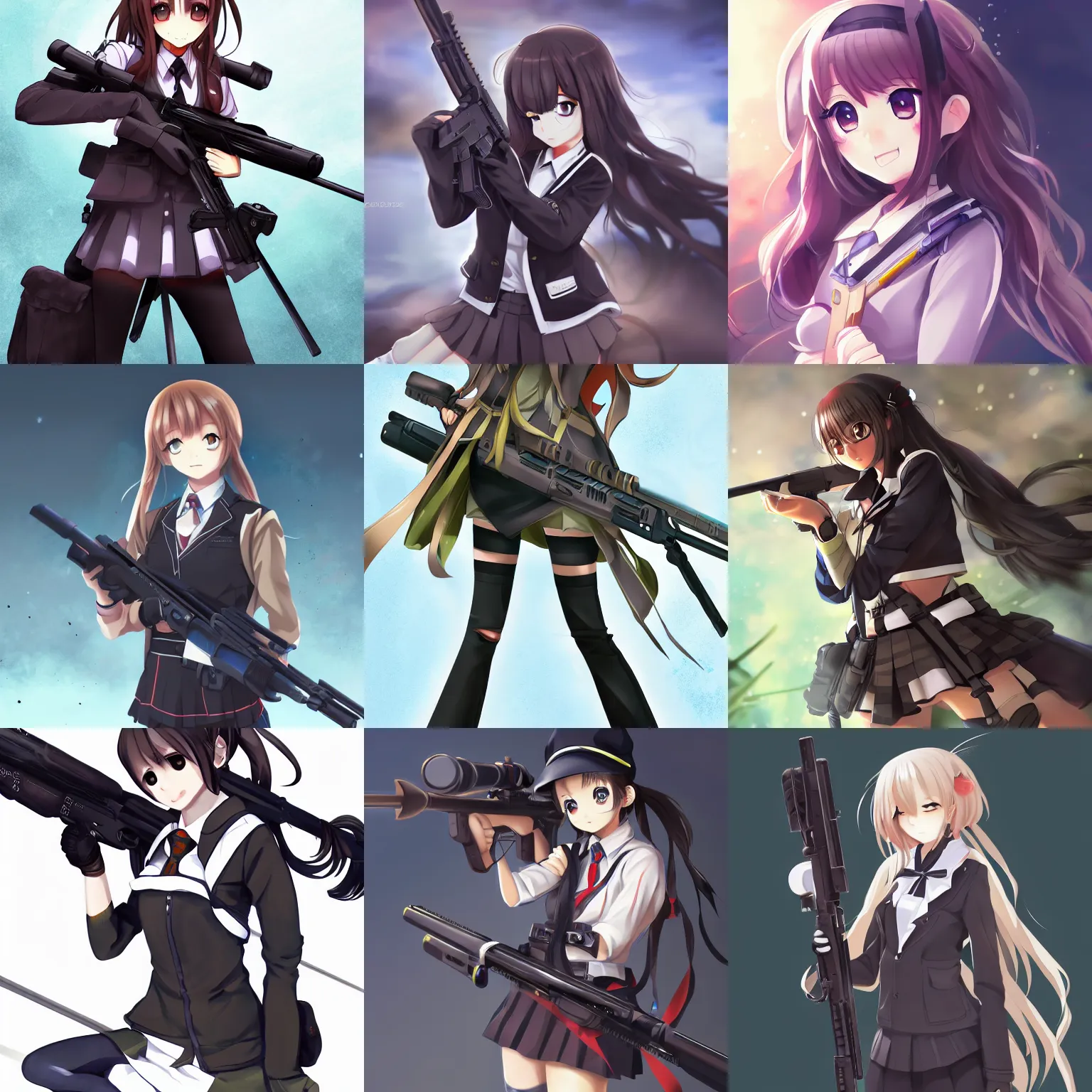 Image similar to anime, full body, cute, female, a cute girl wearing a school uniform and holding a sniper rifle, gorgeous lighting, highly detailed, digital painting, art station, sharp focus, high quality, frontal view, illustration, concept art, advanced digital anime art