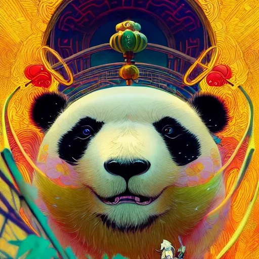 Image similar to a beautiful hyperdetailed character design 4 k wallpaper illustration of a cute panda with a chinese lion dance head victo ngai cyberpunk style, from china, style of studio ghibli, makoto shinkai, raphael lacoste, louis comfort tiffany, artgerm, james jean, ross tran, chinese style