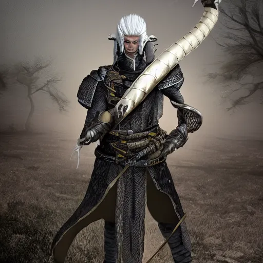 Prompt: a white haired snake soldier with a snake head, fantasy, inspired by dark souls, 4 k