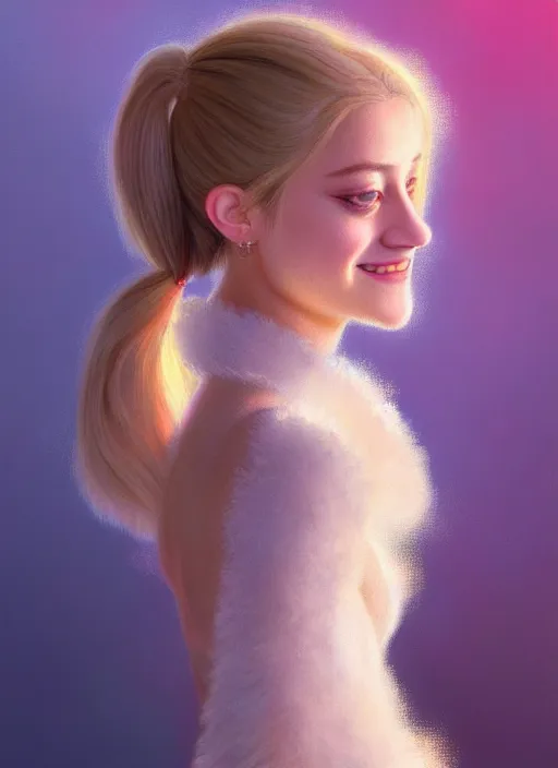 Image similar to portrait of lili reinhart with fluffy bangs, smiling kindly, bangs, 1 9 6 0 s, ponytail, fluffy bangs and ponytail, intricate, elegant, glowing lights, highly detailed, digital painting, artstation, concept art, smooth, sharp focus, illustration, art by wlop, mars ravelo and greg rutkowski