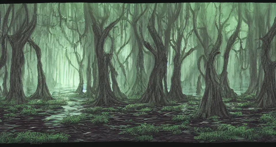 Image similar to A dense and dark enchanted forest with a swamp, by don bluth