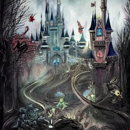 Image similar to Disney World, surrealist, dark, wicked, evil, twisted and bad concept art