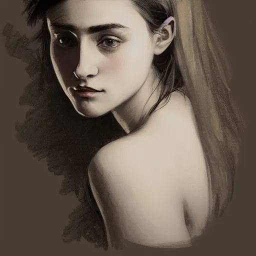 Prompt: pen and ink sketch of a welsh teenage girl with brown hair, glowing skin, delicate features, amelie poulain, fantasy, intricate, elegant, dress shirt and tie, highly detailed, digital painting, artstation, concept art, smooth, sharp focus, illustration, art by Krenz Cushart and Artem Demura and alphonse mucha, black and white