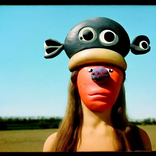 Image similar to beautiful woman with a long plasticine nose, wearing eyeballs on her head, in the countryside 1974 arthouse film, archival footage, technicolor film expired film