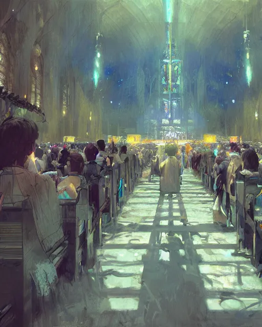 Image similar to craig mullins and ghibli digital matte art of a crowd in a futuristic church, priest, pews, ethereal, inviting, bright, unreal engine, hyper realism, realistic shading, cinematic composition, realistic render, octane render, detailed textures, photorealistic, wide shot