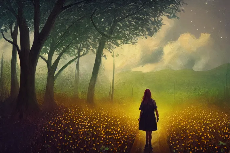 Image similar to giant sunflower as a face, girl walking between old trees, hills, surreal photography, dark night, star trails, dramatic light, impressionist painting, clouds, digital painting, artstation, simon stalenhag