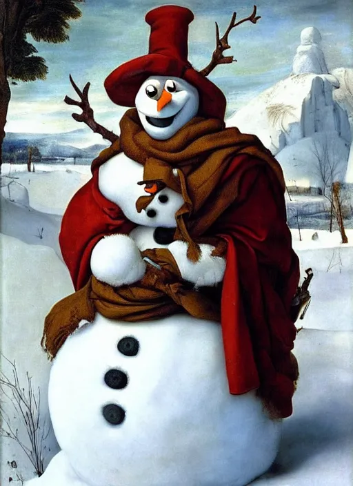 Prompt: a masterwork portrait of olaf the snowman from frozen in the style of a renaissance painting, insane detail, chiaroscuro oil painting, jan matejko, caravaggio, jan van eyck, trending on artstation, artgerm
