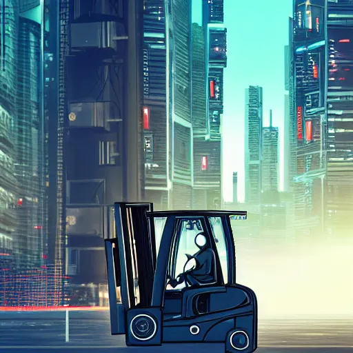 Prompt: Beatiful cyberpunk photograph of a forklift driving down a cyberpunk city