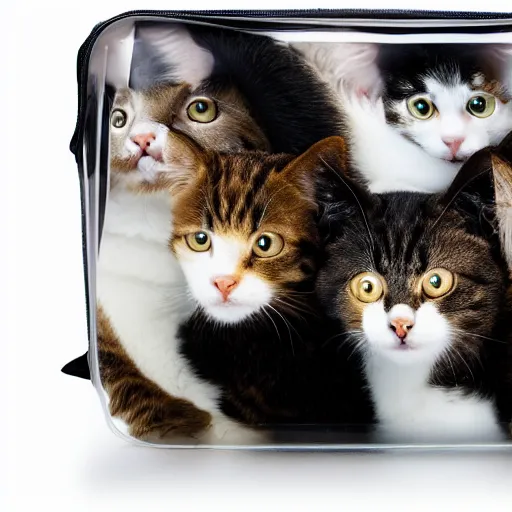 Image similar to photo of a transparent bag full of cats, white background, studio lighting, 4 k, 8 k